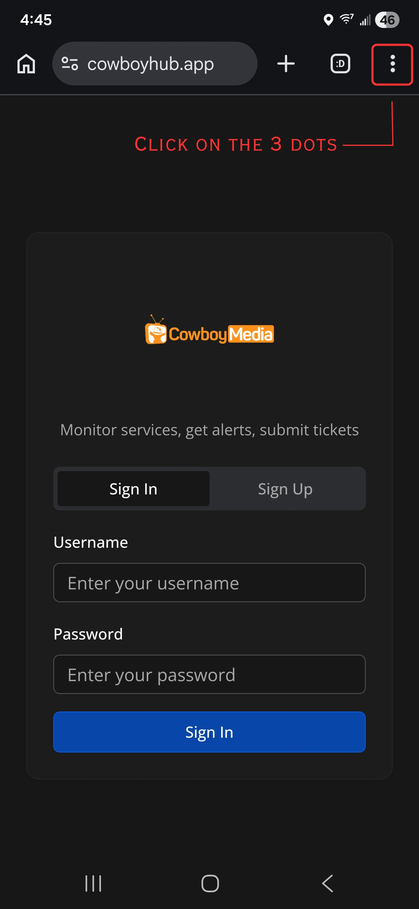 Android Install Step 1 – Open Chrome and go to cowboyhub.app